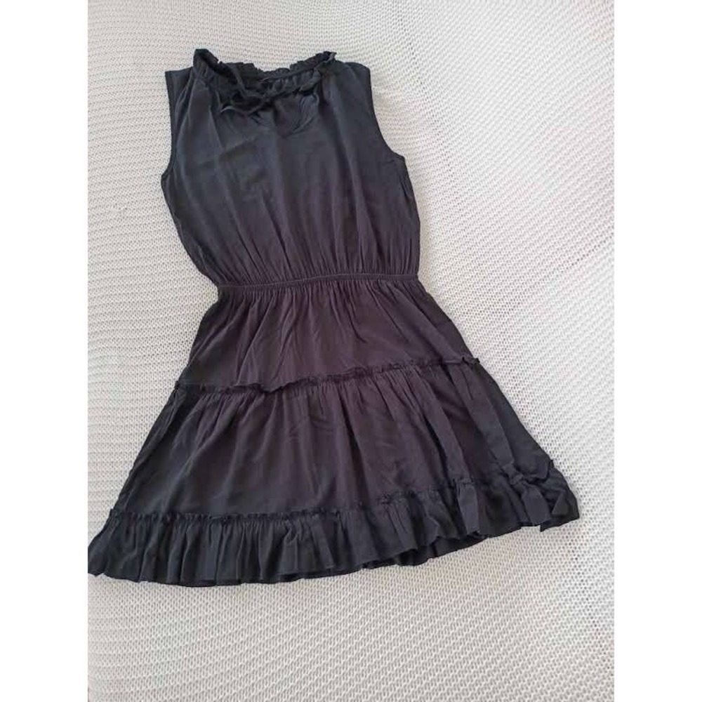 Insulation 100% Cotton Tiered Mini Dress M Black Ruffle Tie Neck Boho Dainty LBD - Picture 5 of 11